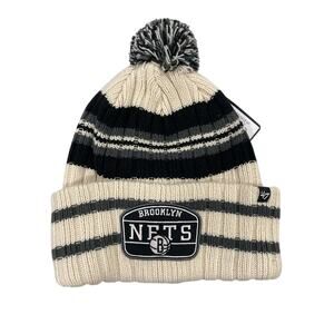 NBA Brooklyn Nets Beanie Cap w/ Pom Logo Knit Cuff New Stripe Patch Black Unisex